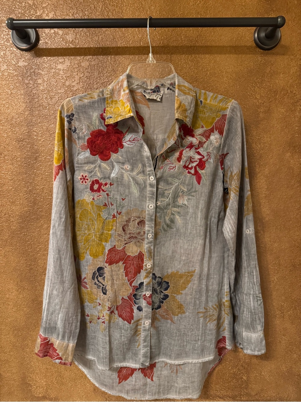 Vintage Goa Gray Floral Print & Embroidered Long Sleeve Button Down Shirt Size S